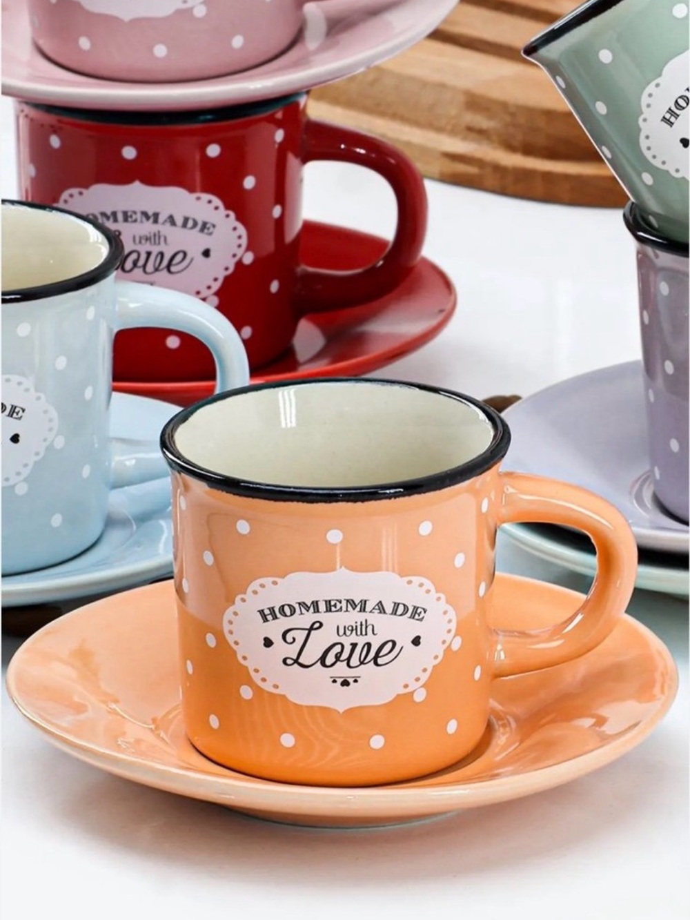 Polka Dot 'Homemade with Love' 6 PC Cup & Saucer Turkeish/Espresso, Coffee